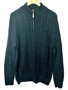 Denver Hayes Cable Knit 1/4 Zip Sweater Mens L Green Cotton Mock Neck Textured